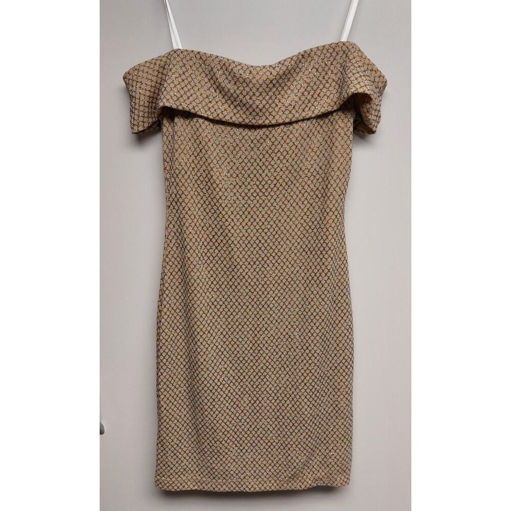 Off-the-Shoulder Gold and Brown Glitter Mini Dress by B. Smart Size 3